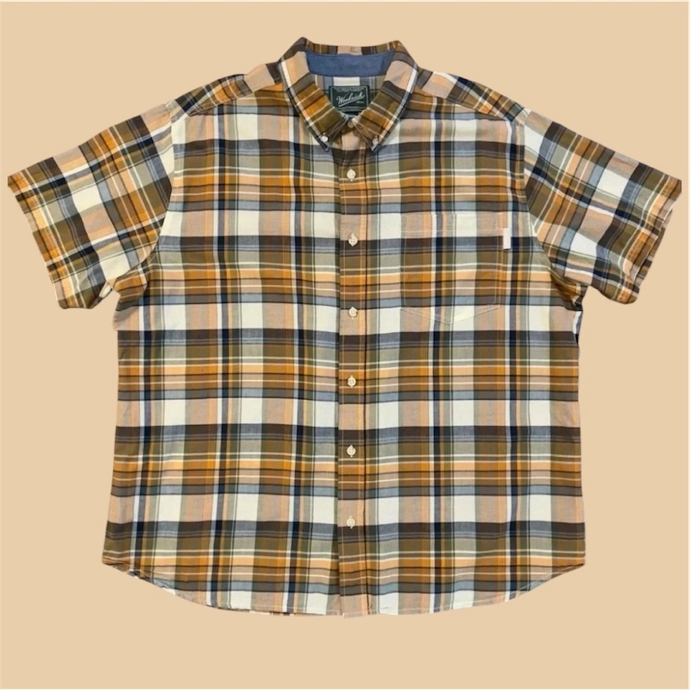 Woolrich Plaid Brown Neutrals 100% Cotton Short Sleeve Button Up Shirt XXL